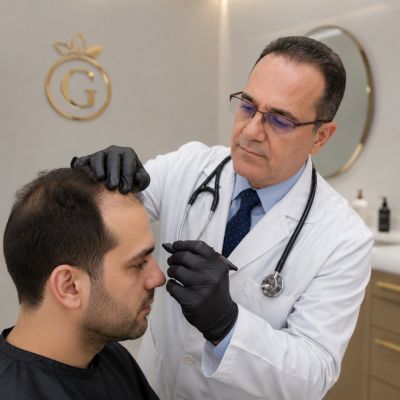 Dr Hamid Ali Esmaeilpour Checking his patient for Hair Transplant in Dubai