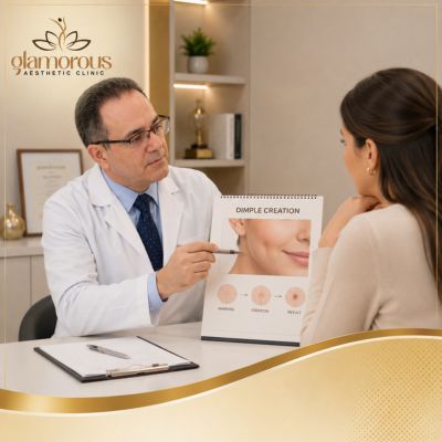Dr Hamid Ali Consulting her patient for Dimple creation surgery at glam Aesthetic clinic Dubai